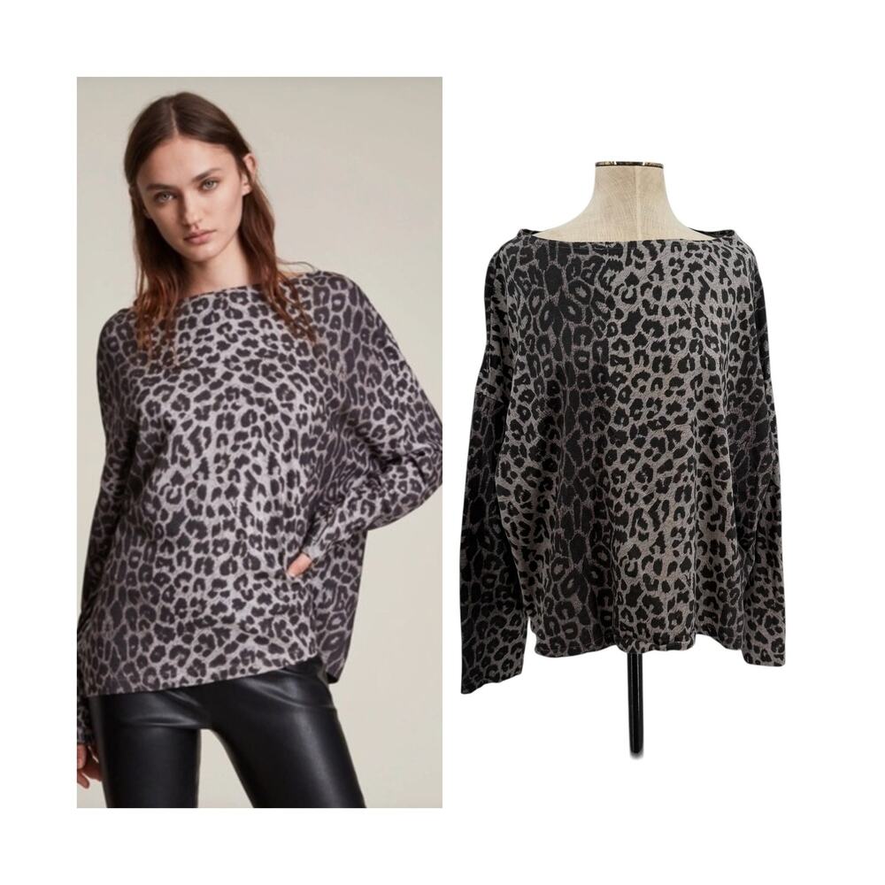 All Saints Gray and Black Leopard Print Long Sleeve Top
